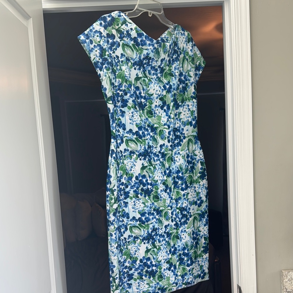 Tommy Hilfiger Blue Floral Sheath Dress Size 14 Midi Work Wedding Guest Stretch - Picture 2 of 8